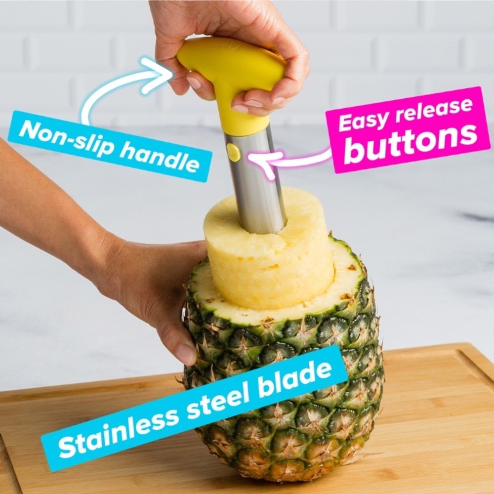 NIB Tasty Stainless Steel Metal Pineapple Corer Slicer Cutter with Yellow Handle